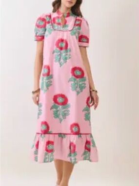 TCEC Pink Floral Midi Dress with Red and Green Accents